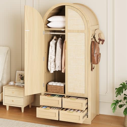 Armoire Wardrobe Closet with 4 Drawers - Wood Bedroom Armoires and Wardrobes with Rattan Doors for Hanging Clothes, Tall Clothing Cabinet Arched Closets for Cloak Room, Large Capacity Storage