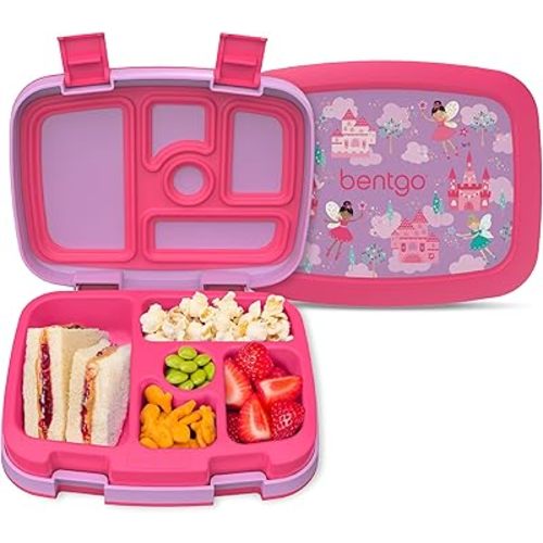 Bentgo Kids Prints Leak-Proof, 5-Compartment Bento-Style Kids Lunch Box - Ideal Portion Sizes for Ages 3-7, Durable, Drop-Proof, Dishwasher Safe, & Made with BPA-Free Materials (Fairies)