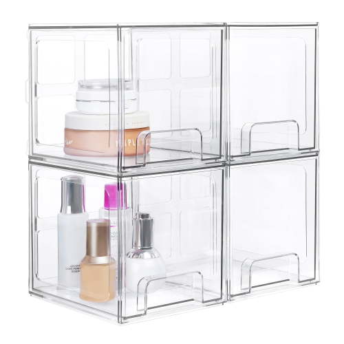 Vtopmart TALL Stackable Makeup Storage Drawers, 4 Pack Acrylic Bathroom Organizers, Clear Plastic Storage Bins, 6.6" High