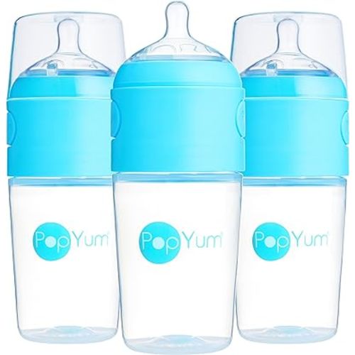 PopYum 9 oz Blue Anti-Colic Formula Making/Mixing/Dispenser Baby Bottles, 3-Pack with #2 Medium Flow Nipples, 260 ml, BPA-Free, Natural Latch