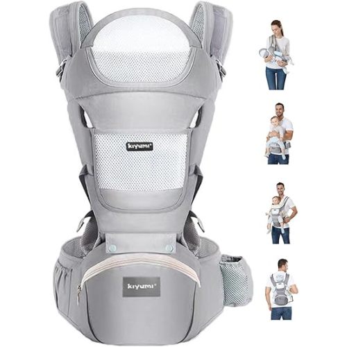 KIYUMI Baby Carrier with Hip Seat, 6- in-1 Baby Carrier Newborn to Toddler, Ergonomic M Position, Head Support and Breathable Mesh,Adjustable Removable Baby Sling Carrier (7-45 lbs), Grey