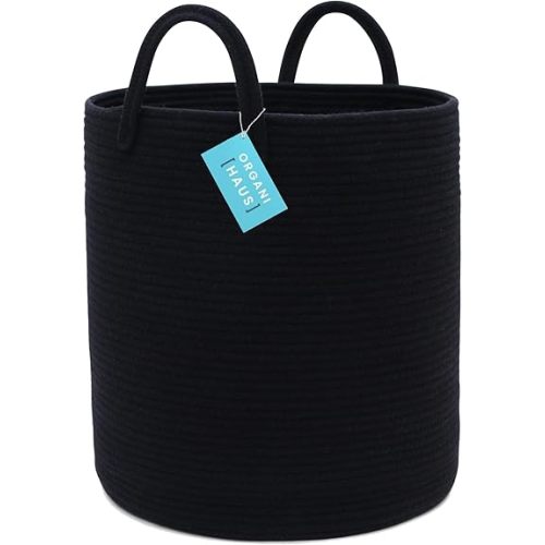OrganiHaus Black Laundry Basket 15x18, Tall Woven Baskets for Storage, Boho Blanket Basket Living Room, Extra Large Basket for Storage, Soft Pillow Basket & Blanket Holder, Woven Laundry Hamper