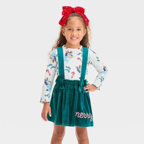 Toddler Girls' Bluey Christmas 2pc Long Sleeve Top And Skirtall Set - Green 3t