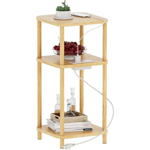 Bamboo End Table with Charging Station, Side Table for Small Space, Small Table Stand, Narrow Wooden Bedside Table Nightstand with Shelves, for Nursery, Living Room, Bedroom, Natural