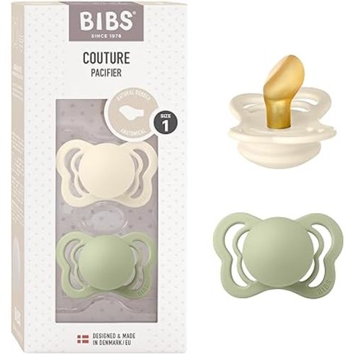 BIBS Pacifiers - Couture Collection | BPA-Free Round Nipple | Natural Rubber Latex | Made in Denmark | Set of 2 Ivory/Sage Color Premium Soothers | Size 0-6 Months