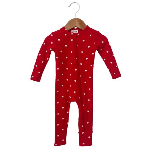 Organic Waffle Basic Zip Romper, Little White Heart (on Red)