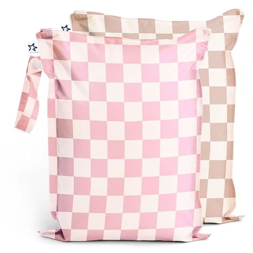 Tiny Twinkle Mess Proof Wet Bags | 2-Pack Reusable Waterproof Wet Bags for Swimsuits | Baby Clothes | Travel & Diaper Bag (Pink, Brown Checkers)