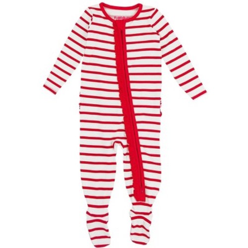 RuffleButts Modal Blend Baby Girls Ruffle One Piece Footie Pajamas - Red & White Stripe, Newborn