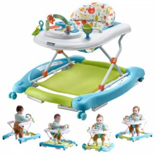 VEVOR 4-in-1 Baby Walker, Foldable Baby Activity Center on Wheels, 3 Adjustable Height, Music & Toys Tray, Learning-Seated | Walk-Behind | Rocker | Bouncer Toddler Walker for Girls Boys 6-24 Months