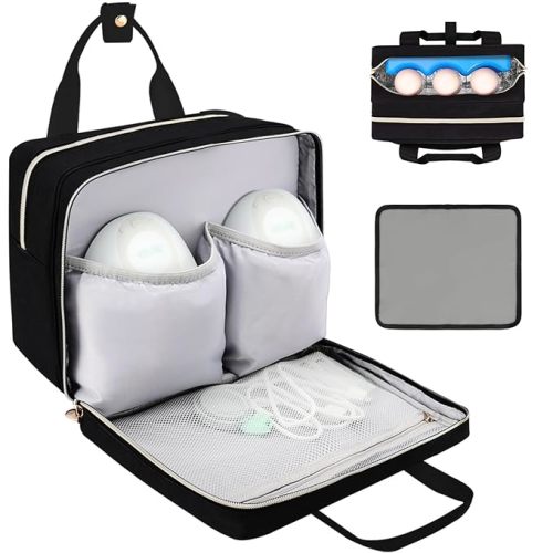 Wearable Breast Pump Bag with Cooler Compartment Compatible with Momcozy M5/S12 Pro, Elvie & Medela Pump in Style, Carrying Case with a Waterproof Mat for Breast Pump and Accessories, Black(Bag Only)