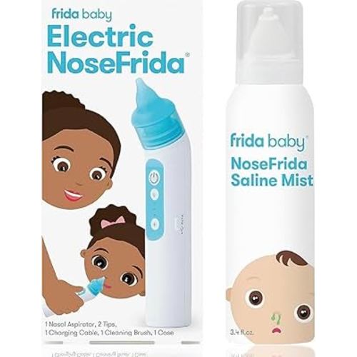 Bundle of Frida Baby Electric NoseFrida Nasal Aspirator, Nose Sucker, 3 Suction Levels, 2 Silicone Tips, USB Rechargeable + Saline Mist Spray | Baby Saline Nasal Spray, Soften Nasal Passages, 3.4 floz
