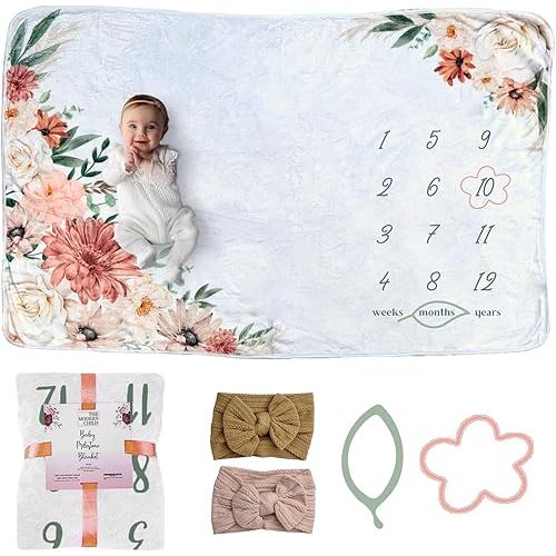 Baby Monthly Milestone Blanket- Milestone Blanket for Baby Girl and Boy - Personalized Newborn Growth Chart - Customized Soft Photography Background (Boho Floral)