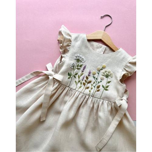 Dress with Wildflowers Embroidery, Girls Soft Linen Dress, Toddler Linen Dress, Custom First Birthday Dress, Kids Clothing, Dress for Girls