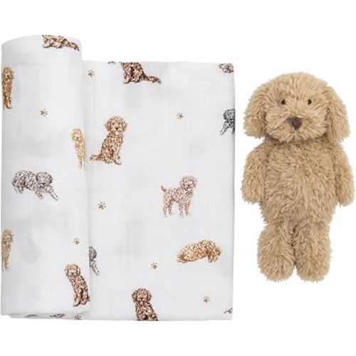 Mud Pie Doodle Dog Baby Swaddle & Rattle Set