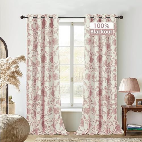 DriftAway Linen Floral Paisley Dusty Rose Blackout Curtains for Living Room Bedroom 84 Inch Length 2 Panels Lined Grommet Window Drapes Thermal Farmhouse Country Jacobean Curtains