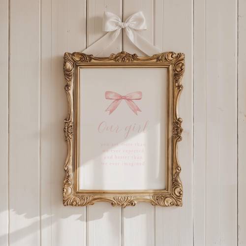 Our Girl Nursery Print, Pink Bow Nursery Print, Baby Girl Nursery Wall Art, Coquette Bow Girl Room Decor, Vintage Style Girl Nursery Quote