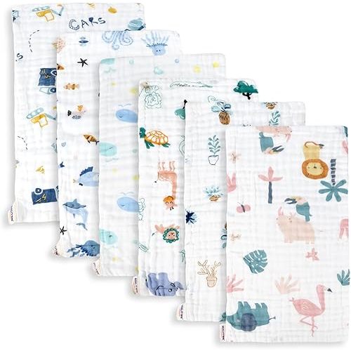 Maliton Muslin Baby Burp Cloths 6 Pack Large 20''x10'' 100% Cotton Burp Rags Absorbent and Soft 6 Layers Muslin Cloth Baby Essentials for Newborn(Zoo Pattern, Pack of 6)