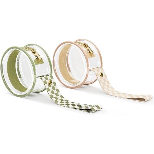 2 Pack Transparent PVC Pacifier Case with Checkered Strap, Neutral Binky Holder for Baby Boys and Girls, Portable Pacifier Storage for Diaper Bag Essentials, Fits Most Pacifiers (sage)