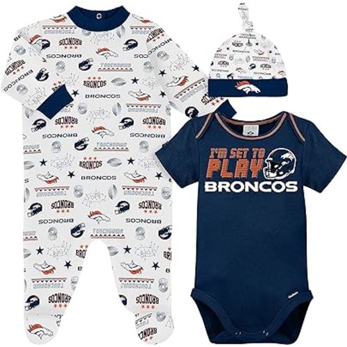 Gerber NFL Denver Broncos 3 Pack Bodysuit Sleep n Play Footie Cap Registry Gift Set, blue/white/orange Denver Broncos, 0-3M