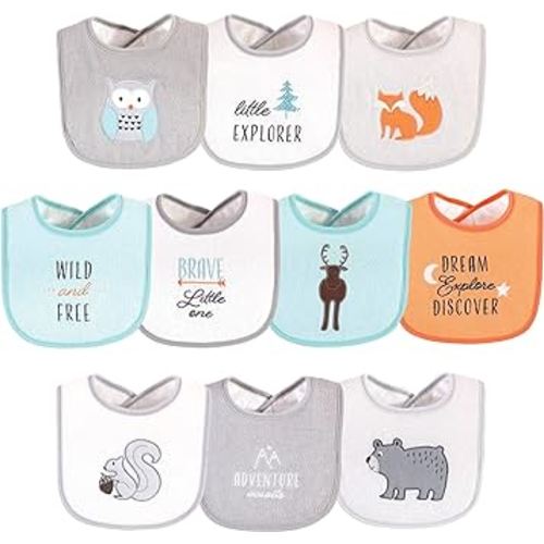Hudson Baby Unisex Baby Cotton Terry Drooler Bibs with Fiber Filling, Neutral Woodland, One Size