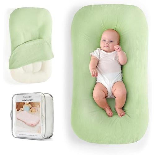 Baby Lounger, Suitable for Newborns 0-24 Months, Infant Lounger for Home and Travel, Soft Cotton and Breathable, Nest Lounger, Newborn Babies Essentials Gifts（Lovely Green）