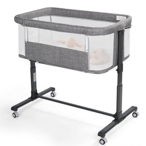 Kinder King Baby Bassinet 2 in 1 Bedside Sleeper Folding Portable w/Storage Basket All-Sided Mesh 6 Adjustable Height Comfy Mattress Dark Gray