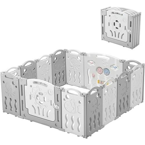 Albott Baby Playpen, Upgraded 14 Panels Foldable Baby Fence with Game Panel and Safety Gate, Adjustable Shape, Portable Play Yards for Children Toddlers Indoors or Outdoors (White+Grey,14 Panel)