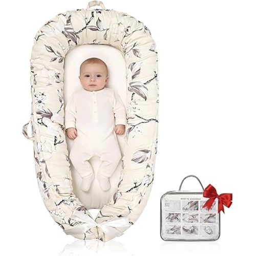 Baby Nests, Baby Lounger for Newborn, Portable 100% Breathable Cotton Infant Lounger Nest for Home and Travel, Newborn Babies Essentials Gifts 0-12 Months (Flower)
