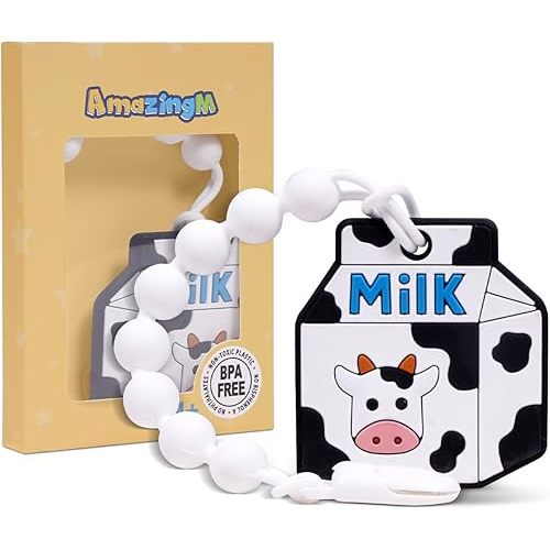 Baby Food Grade Silicone Teether Toy with One Piece Design Pacifier Clip Holder,Teething Pain Relief Toys Gift Set for 3 Months+ Boys and Girls,Freezer Safe,BPA Free. (Milk Carton)