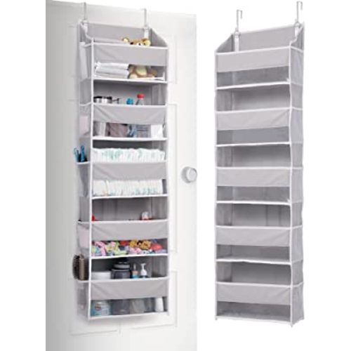ULG 1 Pack Over Door Organizer with 5 Large Pockets 10 Mesh Side Pockets, 44 lbs Weight Capacity Hanging Storage Organizer with Clear Window for Kids Toys, Shoes, Diapers, Grey, 5 Layer