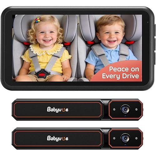 Babyvue BV6PRO Wireless Dual Car Camera Baby Monitor Fast Setup, HD1080P Spilt-Screen Baby Car Monitor for 2 Kids, Auto IR Night Vision Backseat Camera for Newborns Gift