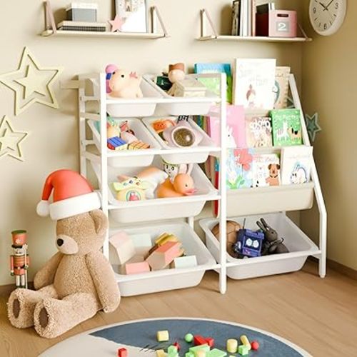 Kids Bookshelf and Toy Organizer, 4-Tier Toy Storage with 7 Removable Plastic Bins, Montessori Bookshelf Storage for Kids & Toddlers, Nursery Book Shelves for Playroom, Bedroom, Kids Room,White