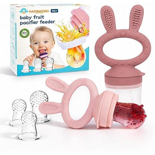 HAOBAOBEI Baby Fruit Feeder Pacifier 2 Pack, Silicone Baby Food Feeder, Pink Bunny Feeder for Babies 4M+, Frozen Fruit Feeder Teething Toy, BPA Free for Fresh Fruit, Veggies & Breastmilk