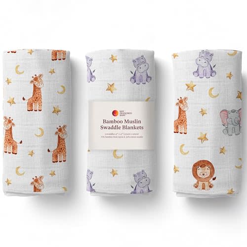 San Francisco Baby Muslin Swaddle Blankets – 70% Rayon from Bamboo, 30% Cotton Receiving Blankets for Boys & Girls, Soft & Breathable – 3-Pack, Animal-Theme