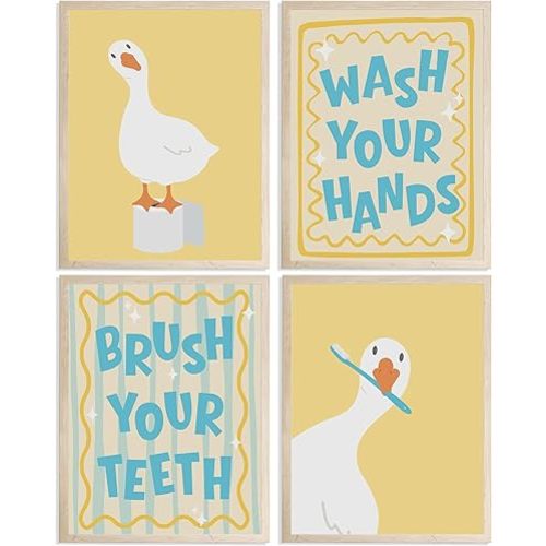zxcvbn888 4Pcs Funny Bathroom Wall Art Kids Bathtub Wall Decor Yellow Goose Posters Canvas Kids Duck Toothbrush Pictures Washroom Cute Prints Painting for Child Bathroom Restroom Unframed