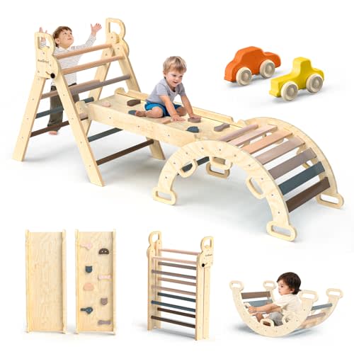 BlueWood Pikler Triangle Set 7in1 Foldable Baby Climbing Wooden Toys with Arch&Ramp&Ladder Climber Indoor Jungle Gyms for Toddlers - Mauve Pink