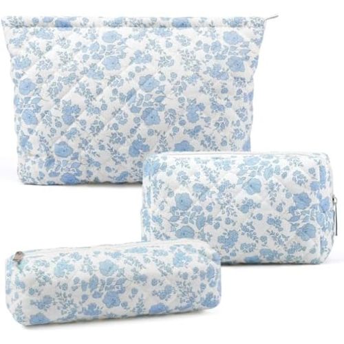 3 Pcs Makeup Bag Cosmetic Bag Set for Girls Women Checkered Travel Organizer Bathroom Toiletry Pouch Large Capacity Storage Bag(Blue Flower)