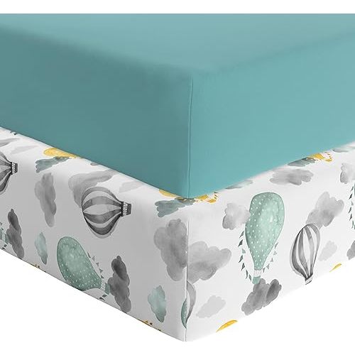 Featherhead™ 2-Pack Fitted Crib Sheets - 100% Cotton - 52" x 28" x 9" for Standard Crib and Toddler Mattress (Percale Green Balloons)