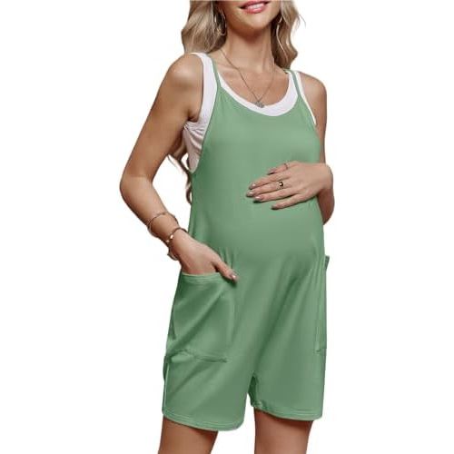 Women's Maternity Overalls Shorts Pregnancy Casual Sleeveless Jumpsuits Romper with Pocket