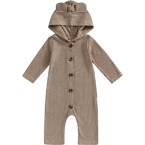 Ynibbim Winter Newborn Baby Boy Girl Solid Romper Unisex Infants Hooded Outfit Clothes Waffle Cotton Button Jumpsuits