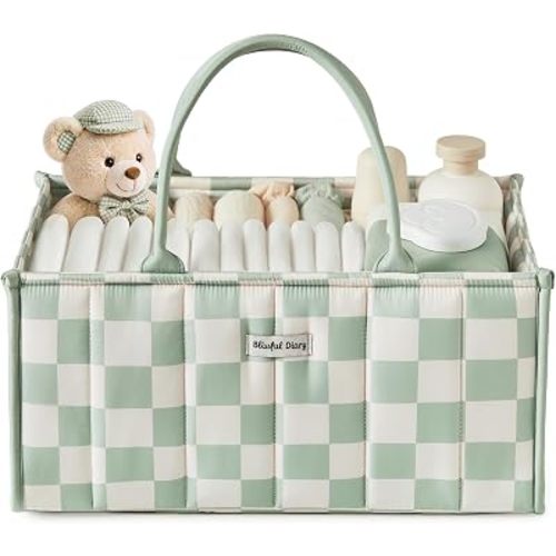 Blissful Diary Gingham Diaper Caddy Organizer, Nursery Storage, Light Green