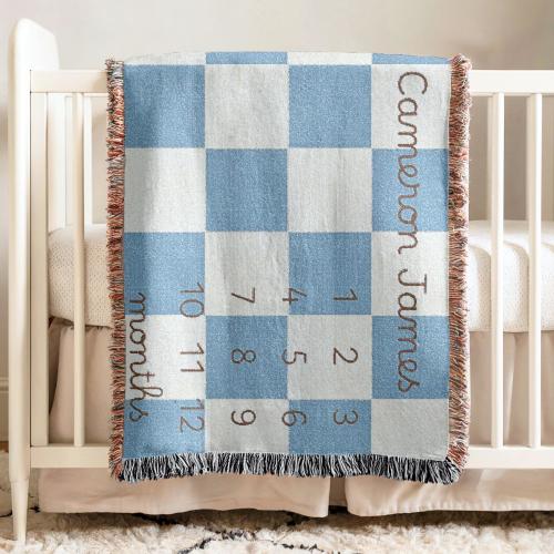 Personalized Baby Milestone Blanket Boys Name Blanket Blue Checker Customized Baby Blanket Baby Growth Chart Monthly Milestones Newborn Gift