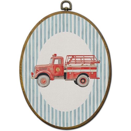 QZQE Boy Nursery Fire Truck Car Oval Wall Art Decor Framed, Boys Room Oval Canvas Prints, Blue Striped Fire Engine Wall Hanging Decor for Kids Toddler Boys Bedroom Playroom, 8.6x11.4 Inch