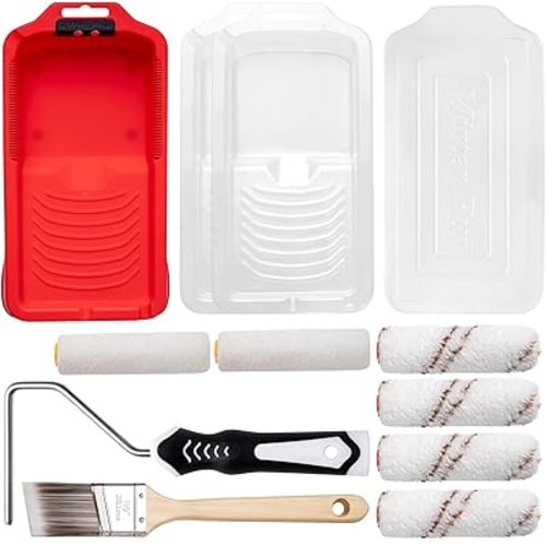 Mister Rui 4 Inch Paint Roller Kit, 12-Piece Mini Roller Set with 6 Microfiber Sleeves, Tray, Liner & Cover, Handle, 1.5" Angled Brush - for Walls, Cabinets, DIY & Pro Painting