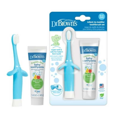 Dr. Brown's First Toothpaste & Brush Set, Infant-to-Toddler, Blue, Fluoride-Free Apple Pear, 0-3Y