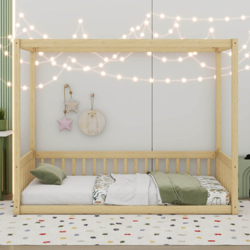 Lark Manor™ Canopy Frame Floor Bed With Fence, Guardrails & Reviews | Wayfair