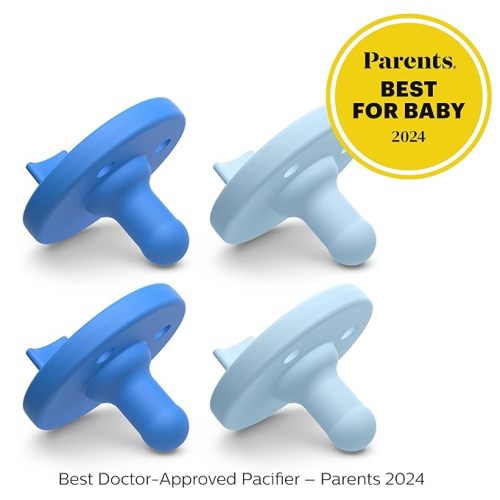 Philips Avent Soothie 3-18 Months Orthodontic Baby Pacifiers, 100% Silicone Pacifiers, One Piece, BPA-Free, 2 Sky Blue and 2 Light Blue, 4 Pack, Model SCF192/71