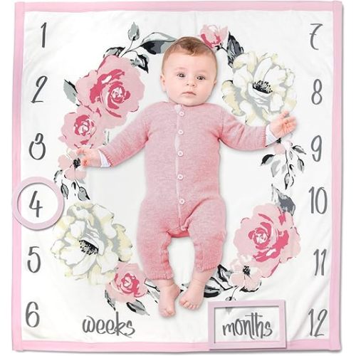 Baby Weekly, Monthly Milestone Blanket for Baby Boys and Girls with Month & Week Markers for Swaddling and Baby Photo Props (Floral Roses)