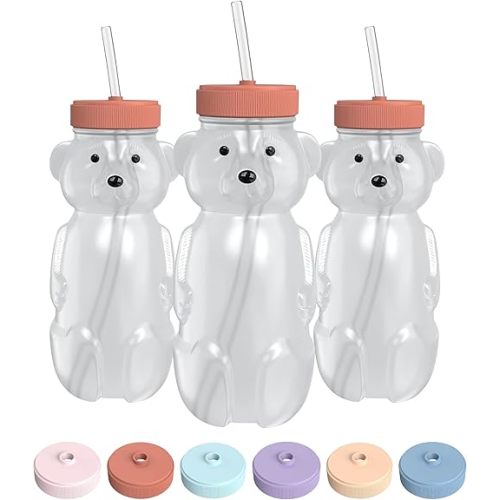 Honey Bear Straw Cup for Babies, 8-oz Honey Bear Cup with Lid, 3-Pack Therapy Learning Honeybear Straw Cup, Baby Honey Bear Bottle Set, Firetruck RED