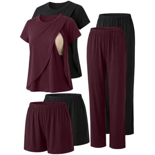 Winvote 6 PCS Maternity Pajamas Nursing 2 Set Postpartum Breastfeeding Short Sleeve Shirts, Pregnancy Shorts & Pants